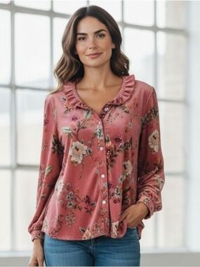 Cherry Betty Floral Velour Blouse Dusty Rose Large